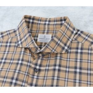 Emanuel Berg Modern Fit Dress Shirt Mens XXL 18 46 Camel Tan Plaid Check Cotton